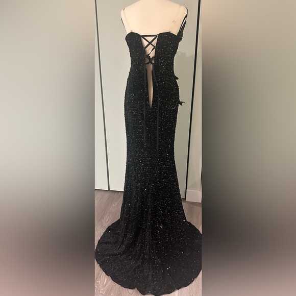 SHEIN Size M Black/Gold Sequin Strapless Mermaid Bodycon Slit Laceup Maxi Dress - Picture 5 of 10